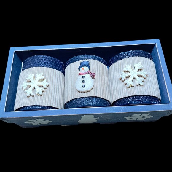 Decorative Wooden Blue Snowman & Snowflake Candle Holder Set With 3 Textured Blu - Picture 1 of 12